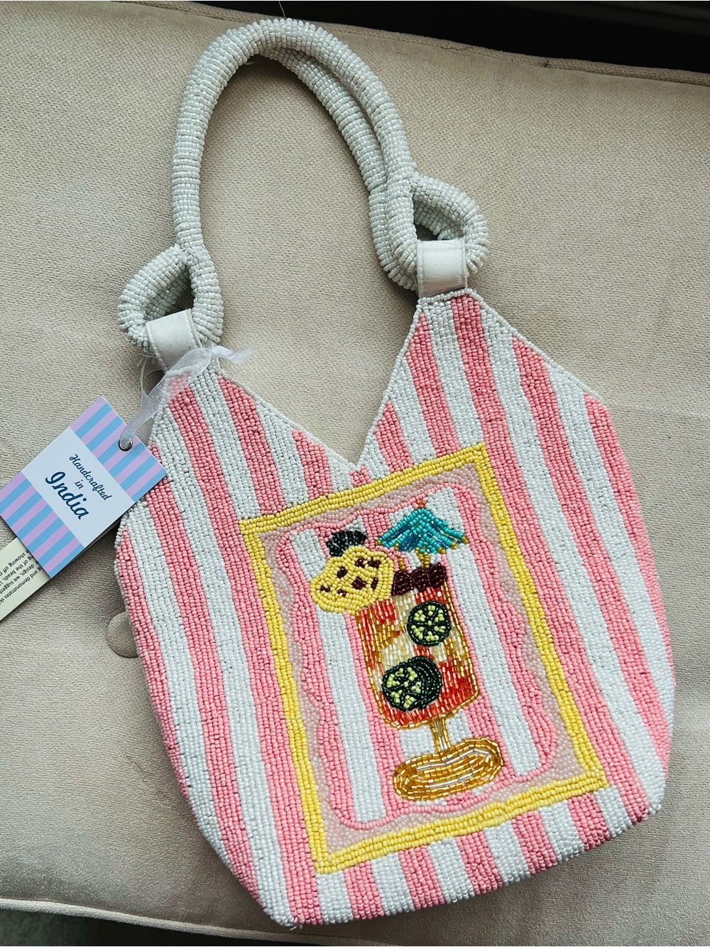 NWT! Beaded Stripe Women’s Tote Bag with Tropical Cocktail Motif